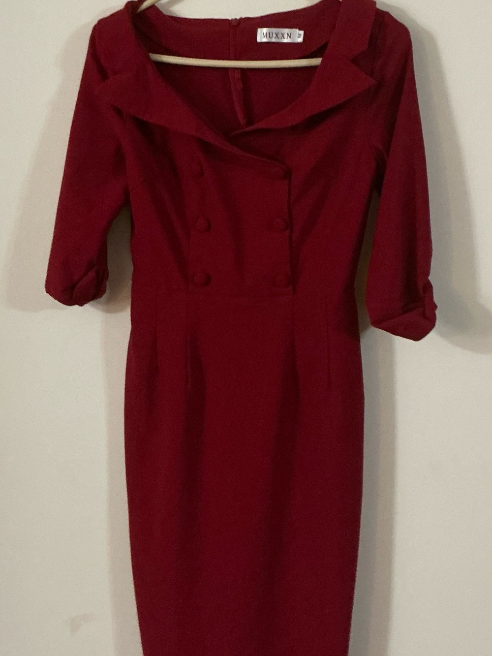 Red Retro Style Double-Breasted Sheath Dress- Covered Buttons- Knee Length- New